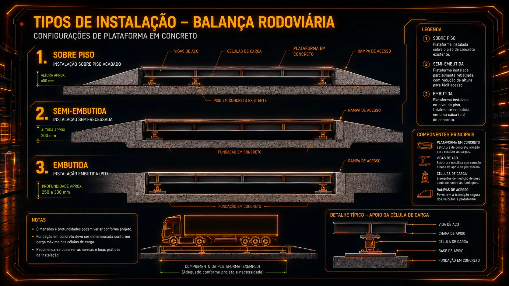 Tipos de instalação da balança rodoviária convencional Sannagro